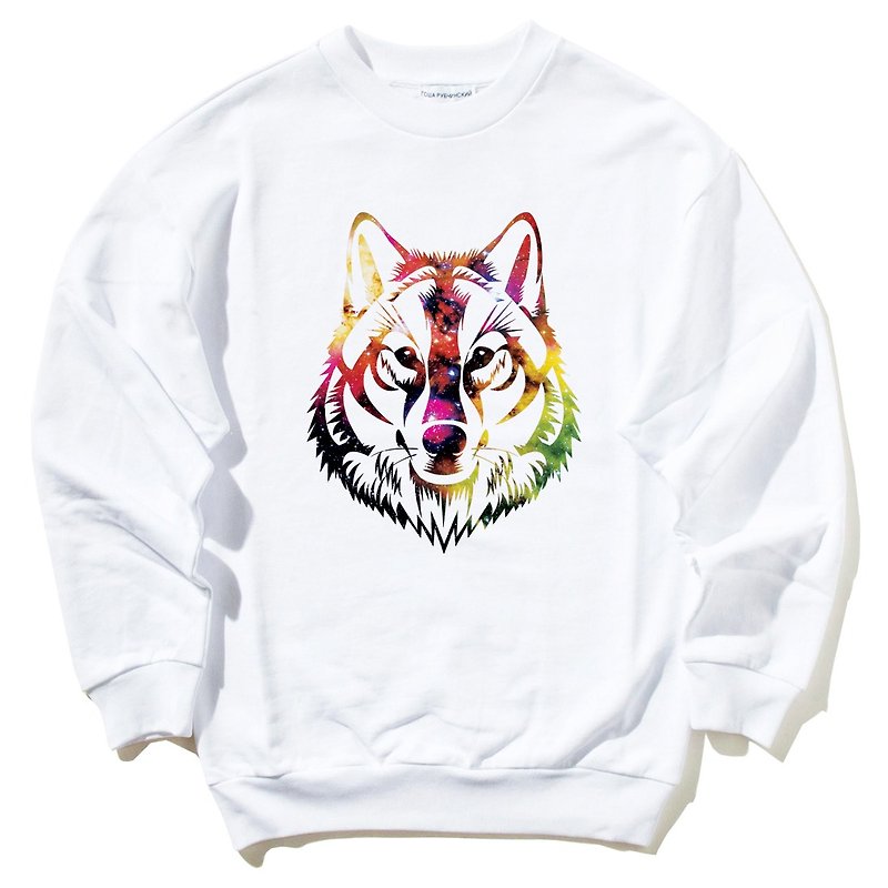 COSMIC WOLF 大學T 中性版 刷毛 白色 狼 宇宙 設計 自創 品牌 銀河系 時髦 圓 三角形 - T 恤 - 棉．麻 白色