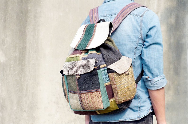 Hand after stitching design cotton backpack / shoulder bag / mountaineering bag / bags - geometric color stitching national wind Travel (Limited a) - Backpacks - Cotton & Hemp Multicolor