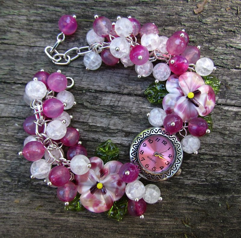 Floral bracelet watch, pink lampwork watch, artisan watch with glass pansies - 女裝錶 - 玻璃 粉紅色