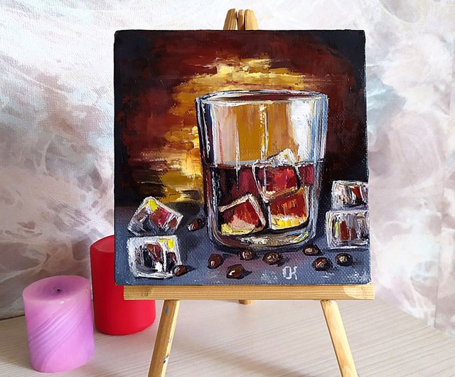 miniature artwork. Food and drink painting Oil still life Whiskey and Lime
