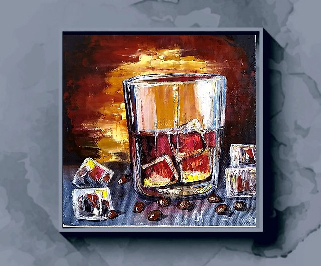 miniature artwork. Food and drink painting Oil still life Whiskey and Lime