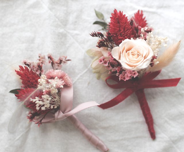 Workshop(s)】Red boutonniere wedding corsage dried flowers hand