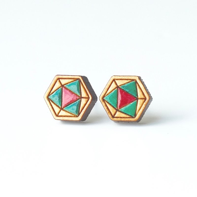 Painted wood earrings-Geometric star - ต่างหู - ไม้ สีเขียว