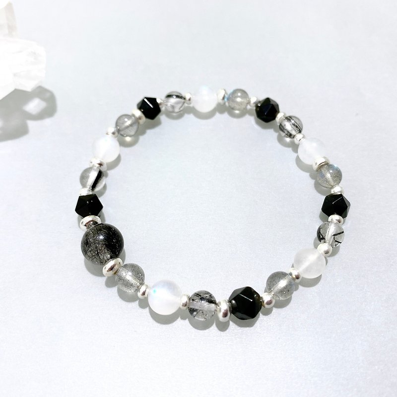 Ops black silver bracelet -黑髪晶/月光石/拉長石/黑曜石/純銀 - 手鍊/手環 - 其他金屬 黑色