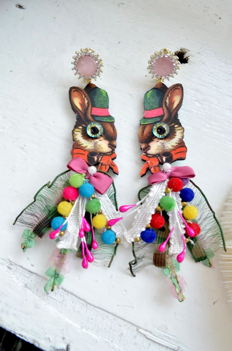 TIMBEE LO Party Rabbit Wood Earring Stereo Eye Wood Laser Cutting Colorful Beads Lace Flow Shoulder - ต่างหู - ไม้ หลากหลายสี