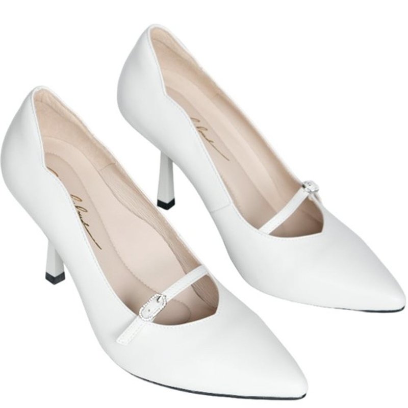 Heel Revolution 8.5cm Small Diamond Fine Square Root High Heels—Moonlight White - รองเท้าส้นสูง - หนังแท้ ขาว