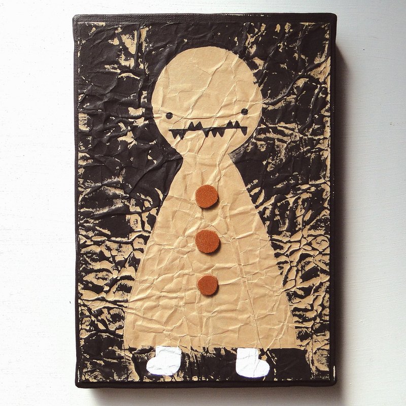 ヴィンテージ風くしゃくしゃアート 原画 絵画 キャンバス画 革ボタン 黒 No1 - 海報/掛畫/掛布 - 紙 黑色