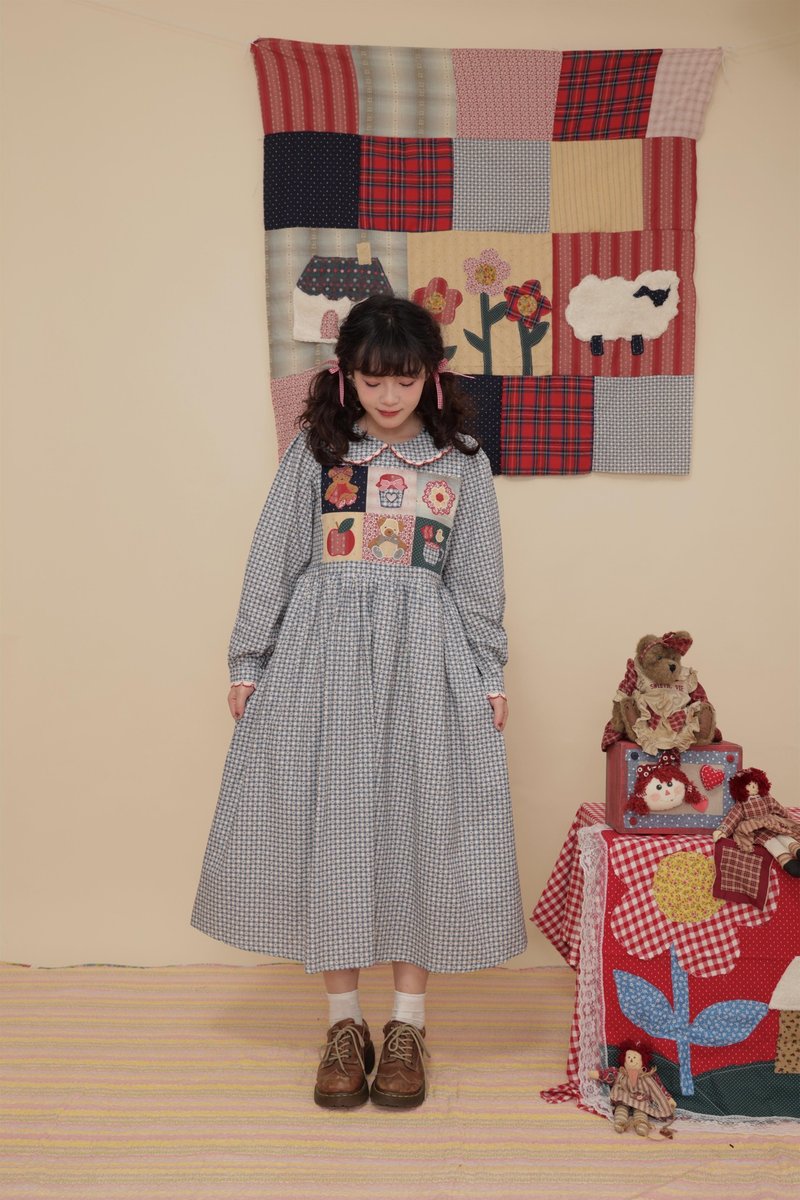 Retro Girls Patchwork Bear Plaid Doll Collar Dress - One Piece Dresses - Other Materials Blue