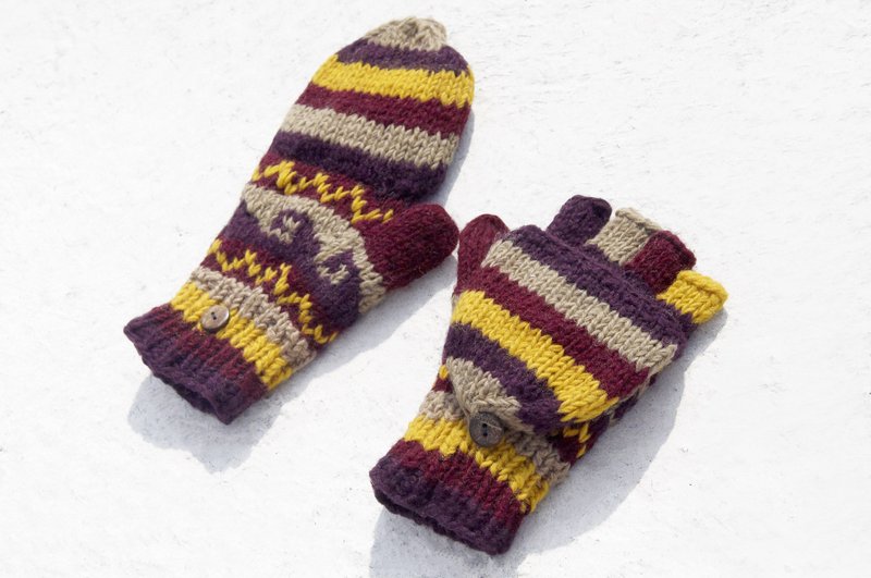 Christmas gift creative gift limited a hand-woven pure wool knitted gloves / removable gloves / bristles gloves / warm gloves (made in nepal) - purple magic national totem - Gloves & Mittens - Wool Multicolor