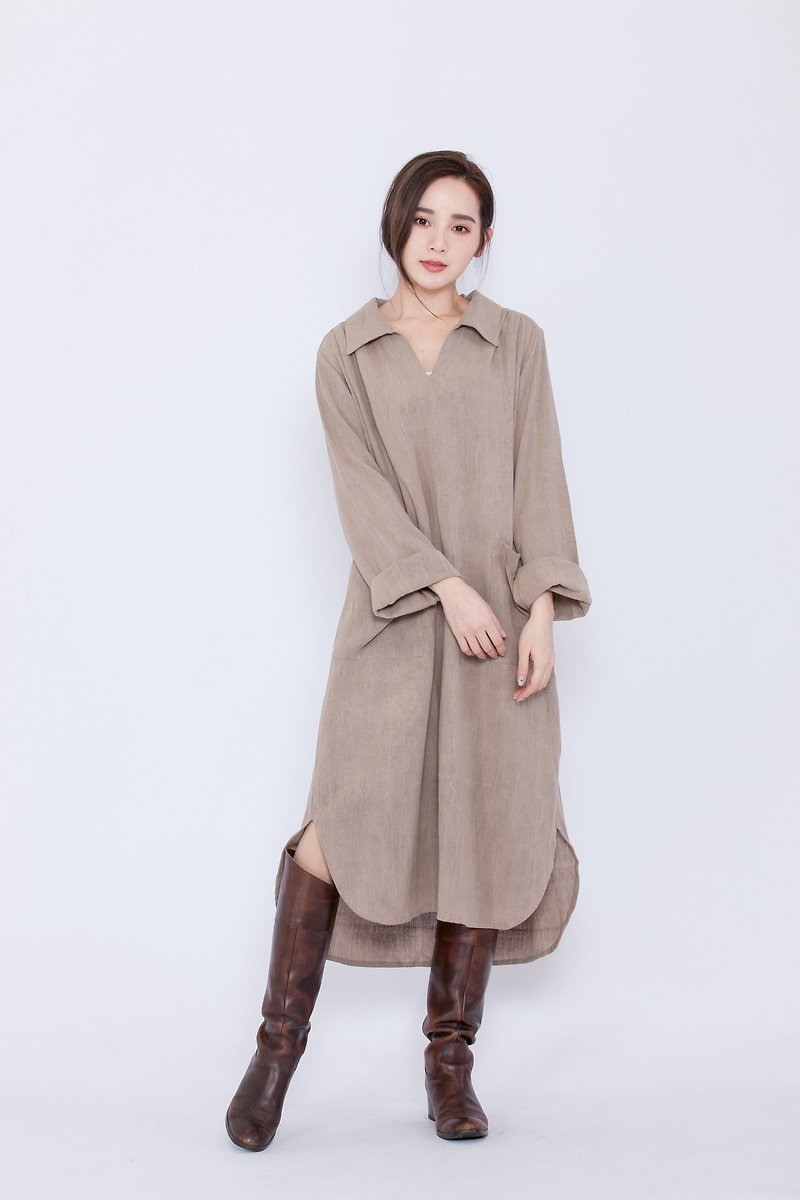 手織りシャツの長い灰色のドレス_ _桜フェアトレード - ワンピース - コットン・麻 カーキ