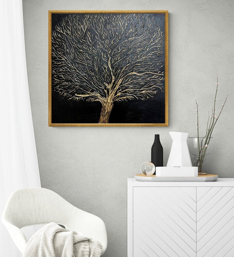 Abstract Golden Tree Oil Painting on Canvas Wall Art for Living Room - ตกแต่งผนัง - ผ้าฝ้าย/ผ้าลินิน 