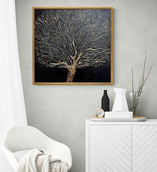 JuliaKotenkoArt Abstract Golden Tree Oil Painting on Canvas Wall Art for Living Room