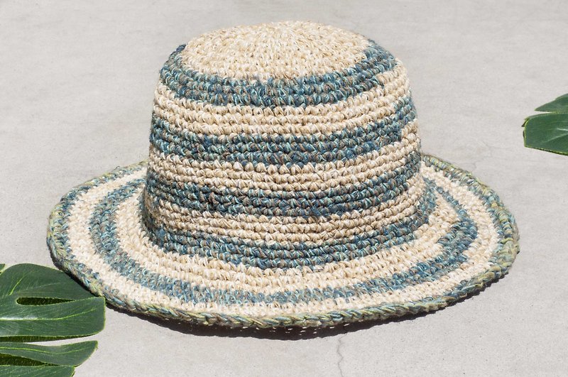 Hand-woven cotton Linen hat knit cap hat sun hat straw hat - blue Mediterranean sea sky - Hats & Caps - Cotton & Hemp Multicolor