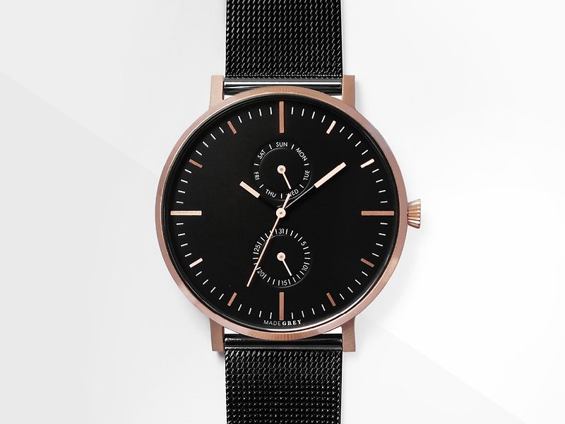 ツートーンブラックxローズゴールドMG002 |メッシュ+レザーストラップセット|刻印可能 - 腕時計 - ステンレススチール ブラック