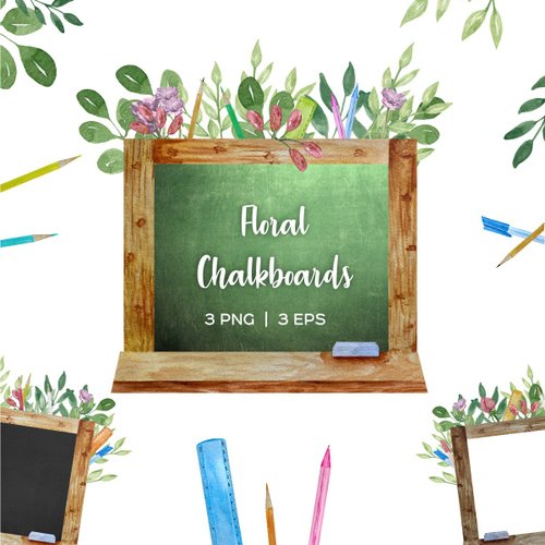 Art and Funny Watercolor school chalkboard clipart with flower