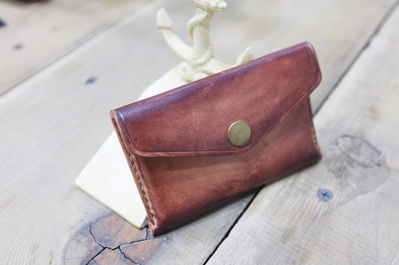 Micro-striped vintage brush old coin purse / business card 匣 Color: coffee red - กระเป๋าใส่เหรียญ - หนังแท้ สีนำ้ตาล