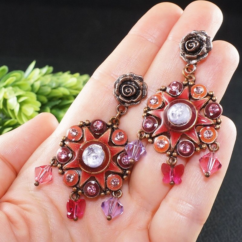 Pink Cherry Red Fuchsia Swarovski Crystal Enamel Large Long Earrings Jewelry - 耳環/耳夾/耳骨夾 - 水晶 粉紅色
