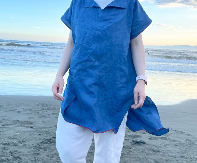 風に揺らめくエレガントな リネンの藍染ポンチョワンピース Linen Poncho Dress JAPANBLUE Aizome - ショップ  BLUEPHASE ドレス - Pinkoi