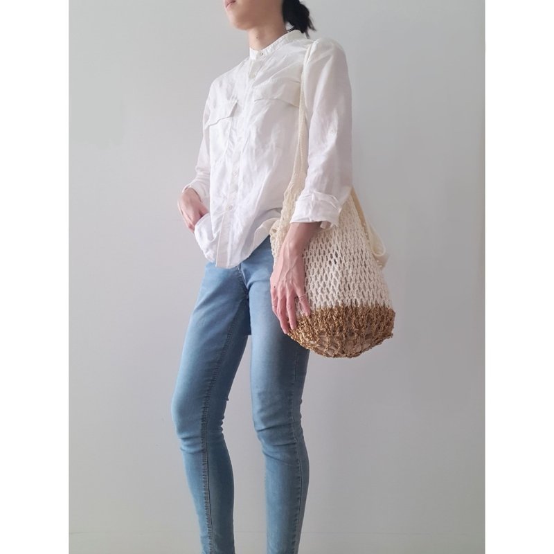 crochet market bag - white / golden - Messenger Bags & Sling Bags - Cotton & Hemp White