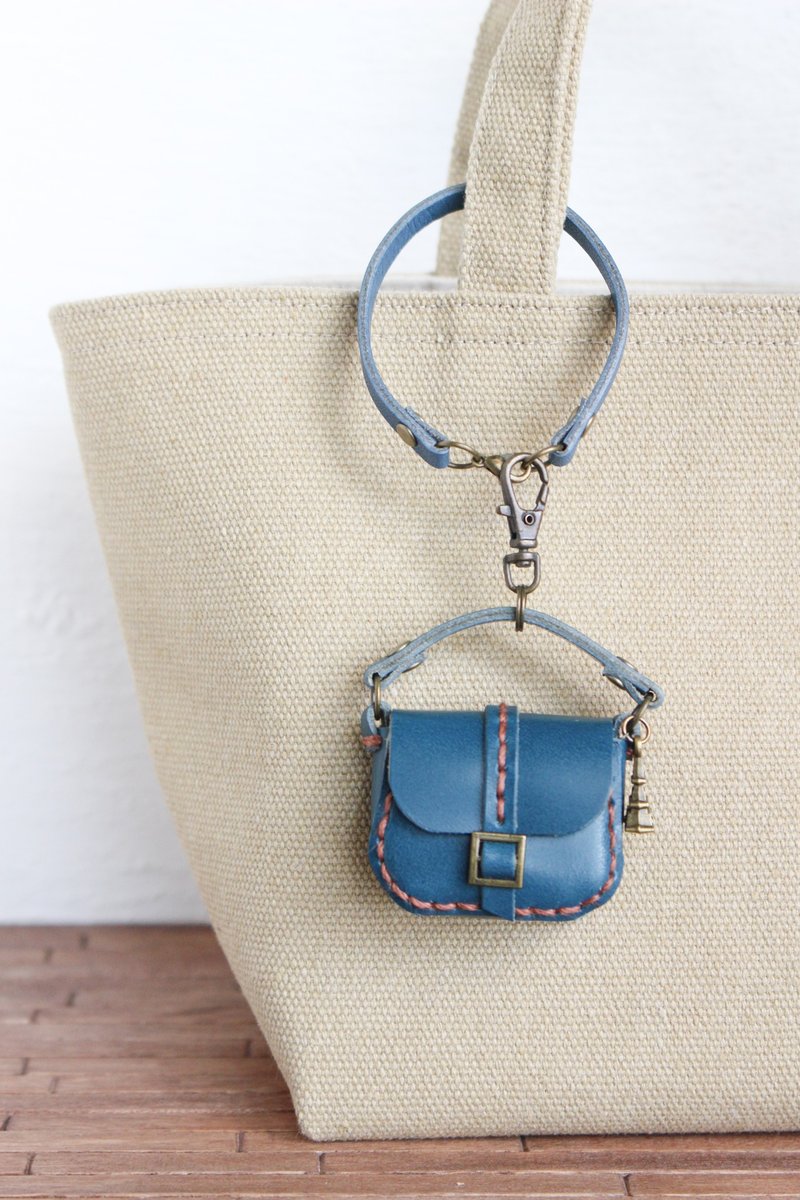 [Made to order] Genuine leather miniature bag charm with strap, navy - Charms - Genuine Leather Blue