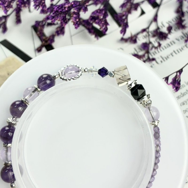 Original Design - Purple Moon Encounter: Natural Crystal Bracelet - Amethyst, Smoky Quartz, Black Obsidian - For Noble Connections - สร้อยข้อมือ - คริสตัล สีม่วง