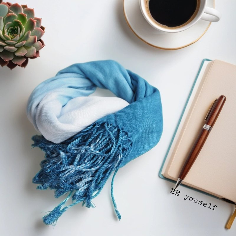 【BE yourself】blue dyed gradient cotton scarf | pure cotton | soft | free shipping - ผ้าพันคอถัก - ผ้าฝ้าย/ผ้าลินิน สีน้ำเงิน