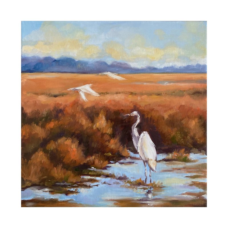 Marsh Birds artwork  Egrets original oil painting Wildlife painting - ตกแต่งผนัง - วัสดุอื่นๆ 