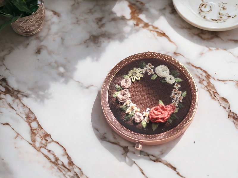 Hand embroidered round mirror. Fairview Garden - Makeup Brushes - Cotton & Hemp Brown