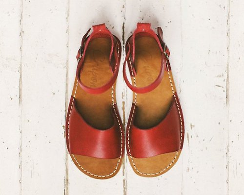 Crupon 紅色涼鞋、皮革涼鞋、紅色皮革、女士涼鞋、夏季鞋、露趾涼鞋