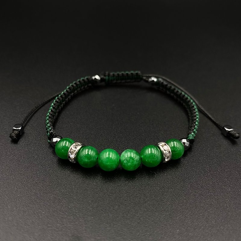 Jade สร้อยข้อมือหินนำโชคแบบเชือกถัก(หิน 6 ลูก) (เชือกสีเขียวเข้ม-ดำ) - สร้อยข้อมือ - วัสดุอื่นๆ สีเขียว
