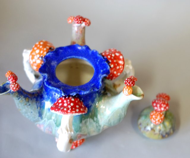 Large teapot Handmade unusual ceramic teapot Mushrooms figurine