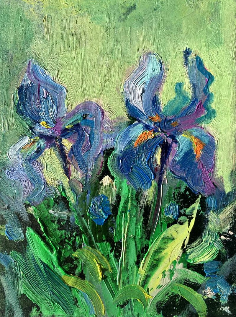 Flower Iris Van Gogh Original Painting Small Blue Irises gift art - โปสเตอร์ - วัสดุอื่นๆ สีน้ำเงิน