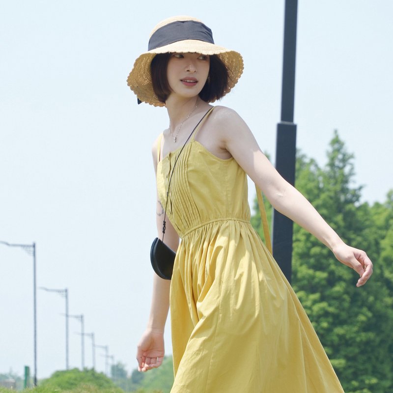 法式露肩吊帶裙-芒果黃|裙子|夏款|棉|Sora-286 - 洋裝/連身裙 - 棉．麻 黃色