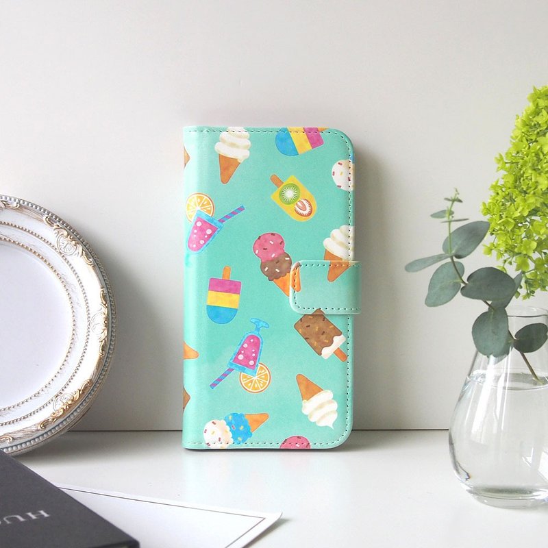 Notebook type phone case - Ice cream - - เคส/ซองมือถือ - หนังเทียม สีน้ำเงิน