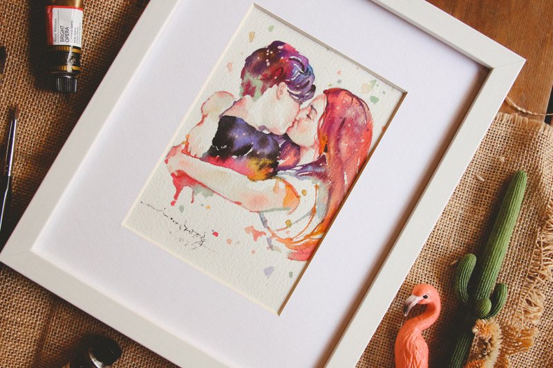 Custom Watercolor Lovers Portrait| | Wedding Gift | Couple Portrait - Customized Portraits - Paper Pink