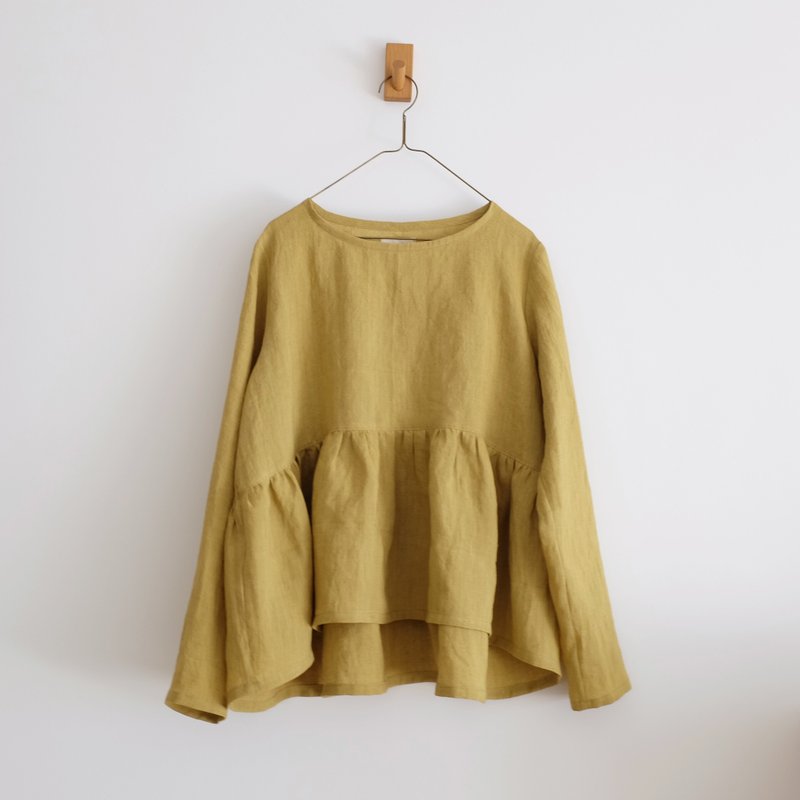 Daily handmade clothing mustard yellow long-sleeved wide blouse washed linen - Women's Tops - Cotton & Hemp Yellow