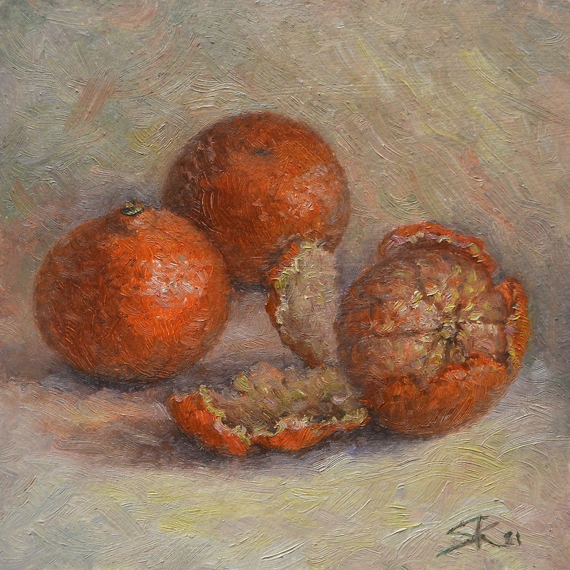 Tangerine oil painting Fruit still life original art Food paining Mandarin art - ตกแต่งผนัง - วัสดุอื่นๆ สีส้ม