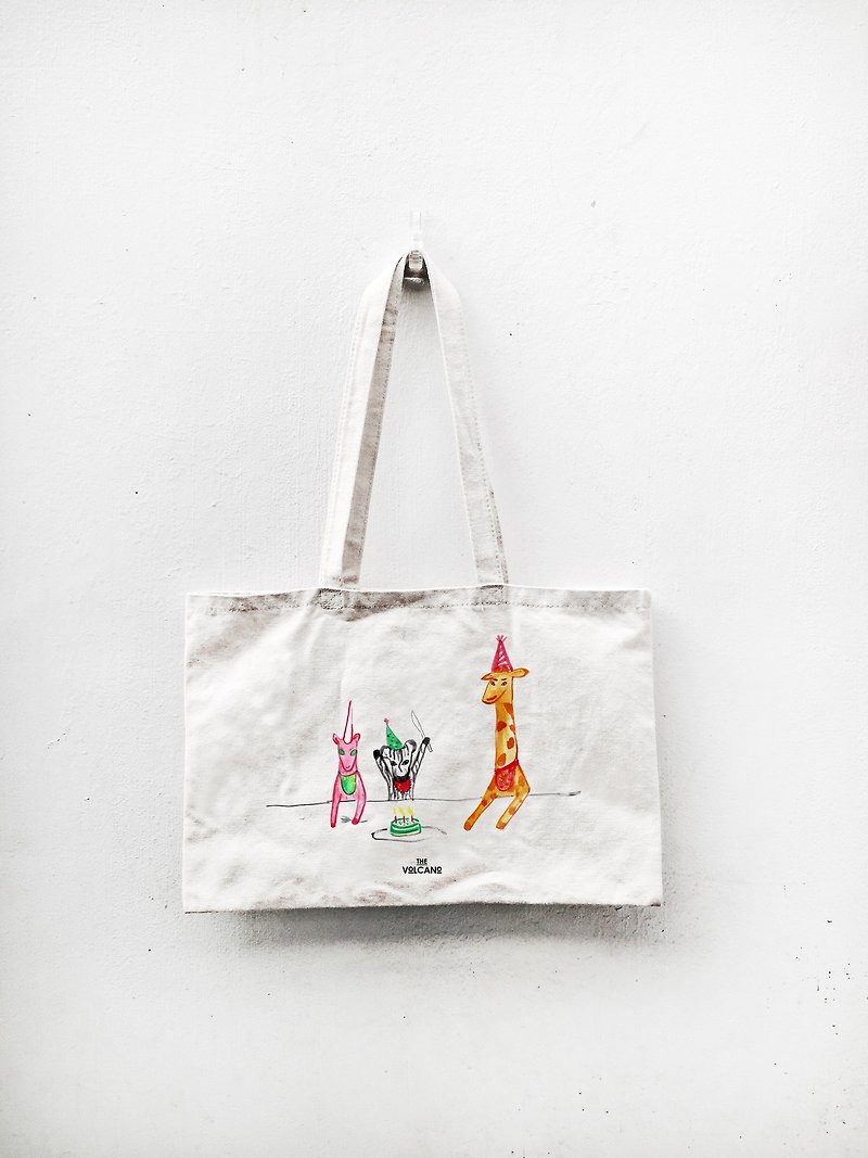 One-horned horse birthday tote bag without hat - กระเป๋าถือ - ผ้าฝ้าย/ผ้าลินิน สีส้ม