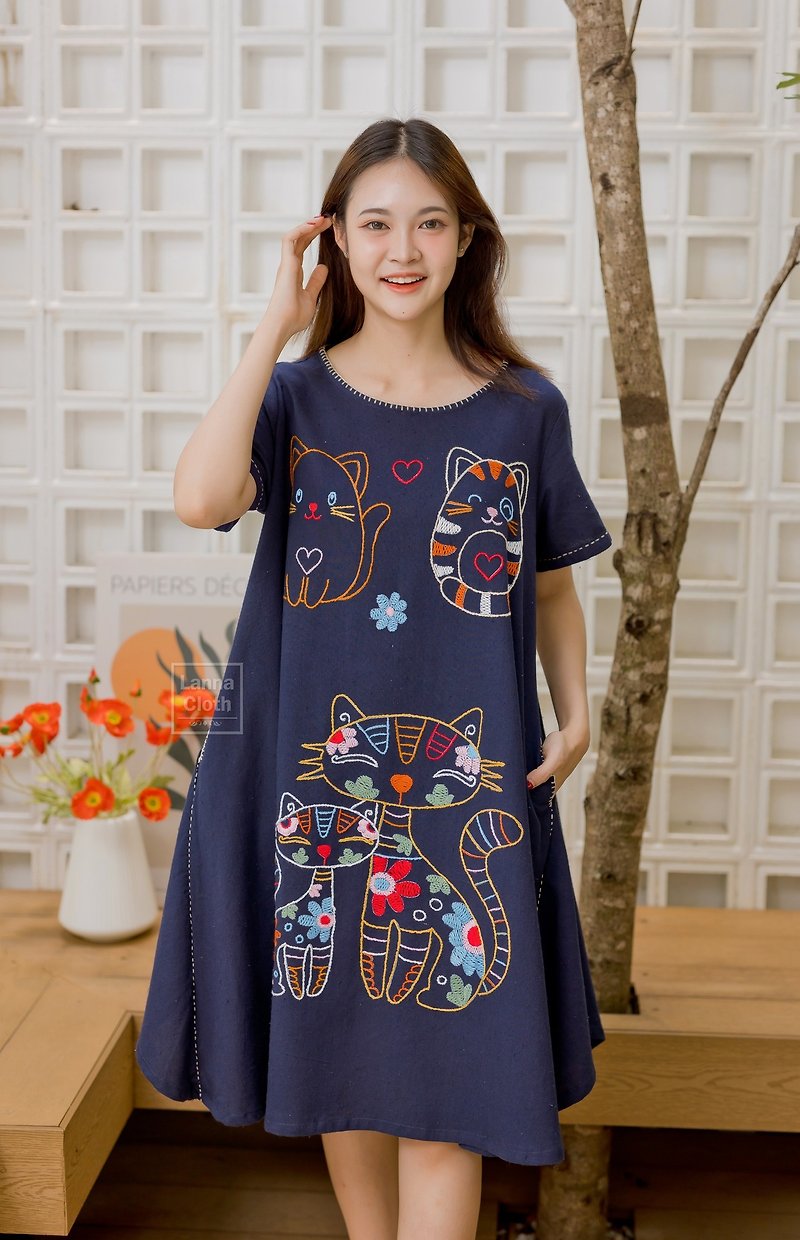 Navy blue dress Quirky design Because it is handmade, the color of each embroide - One Piece Dresses - Cotton & Hemp 
