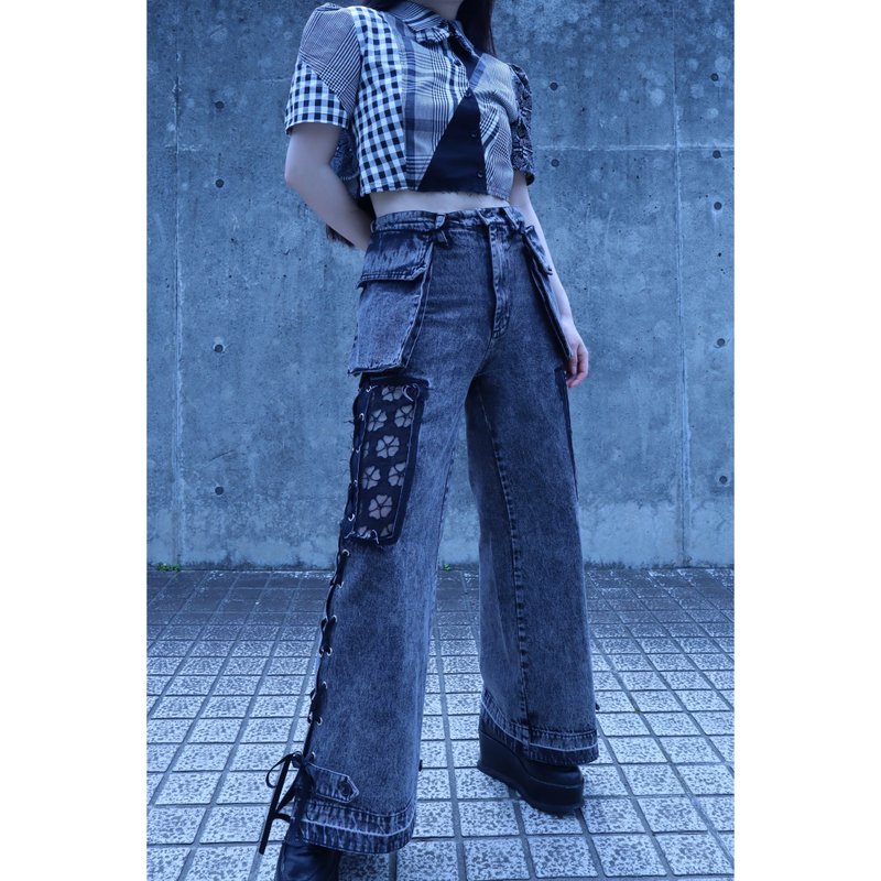 3way lace pocket denim pants 9011 meikeiin remake - กางเกงขายาว - วัสดุอื่นๆ สีดำ