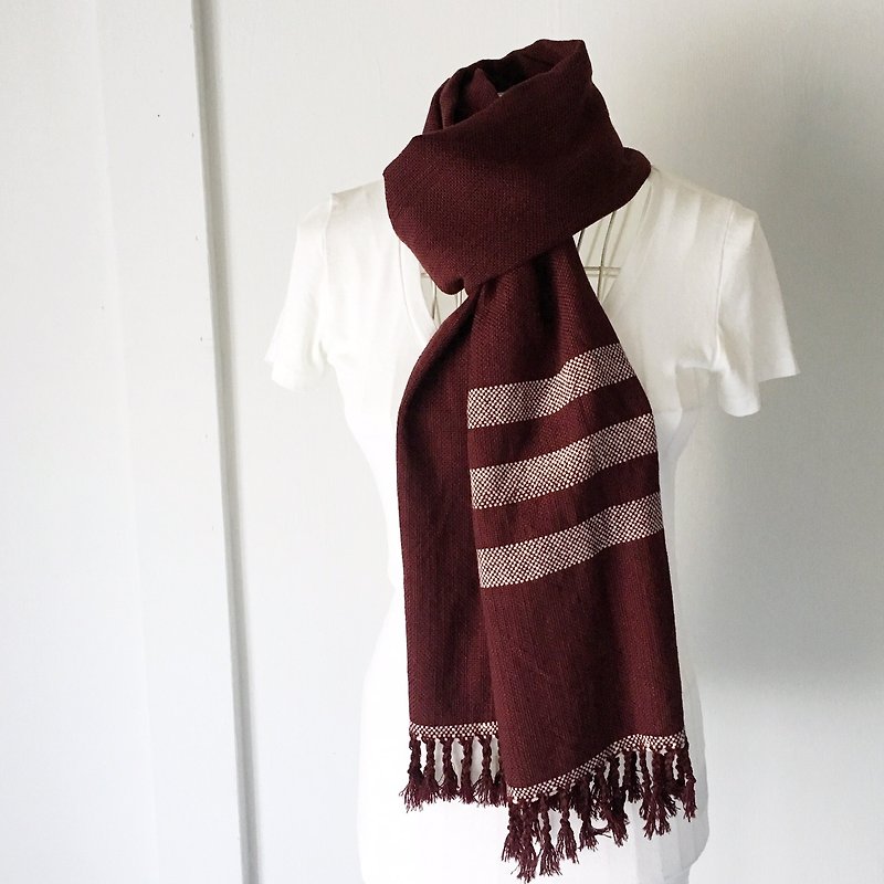 Unisex hand-woven scarf "Chocolate with Pink boarders" - ผ้าพันคอ - ขนแกะ สีนำ้ตาล