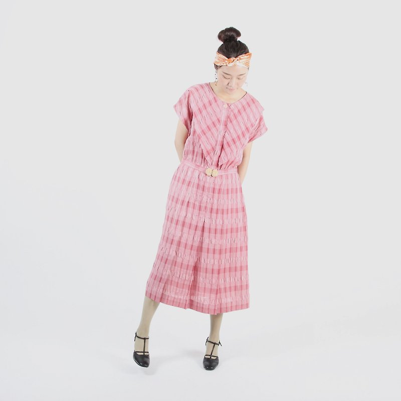 [Egg Plant Vintage] Wild Raspberry Plaid Print Short Sleeve Vintage Dress - One Piece Dresses - Polyester Pink