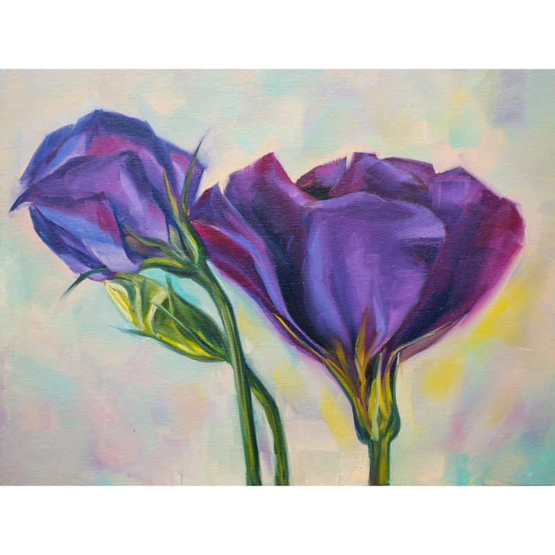 Purple Flower Original Artwork Oil Interior Painting Violet Floral Wall Art - 壁貼/牆壁裝飾 - 其他材質 多色