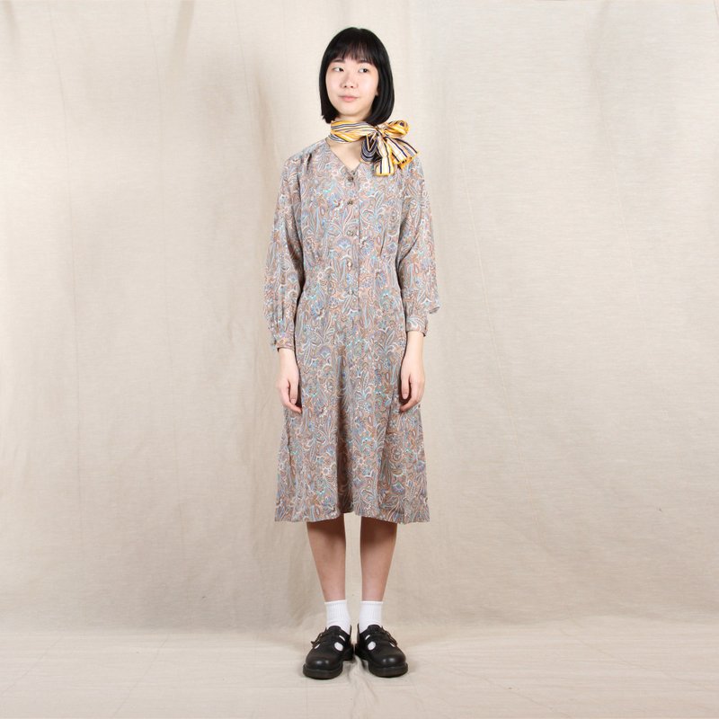 [Eggs] amoeba totem plant vintage print vintage dress - ชุดเดรส - เส้นใยสังเคราะห์ สีนำ้ตาล