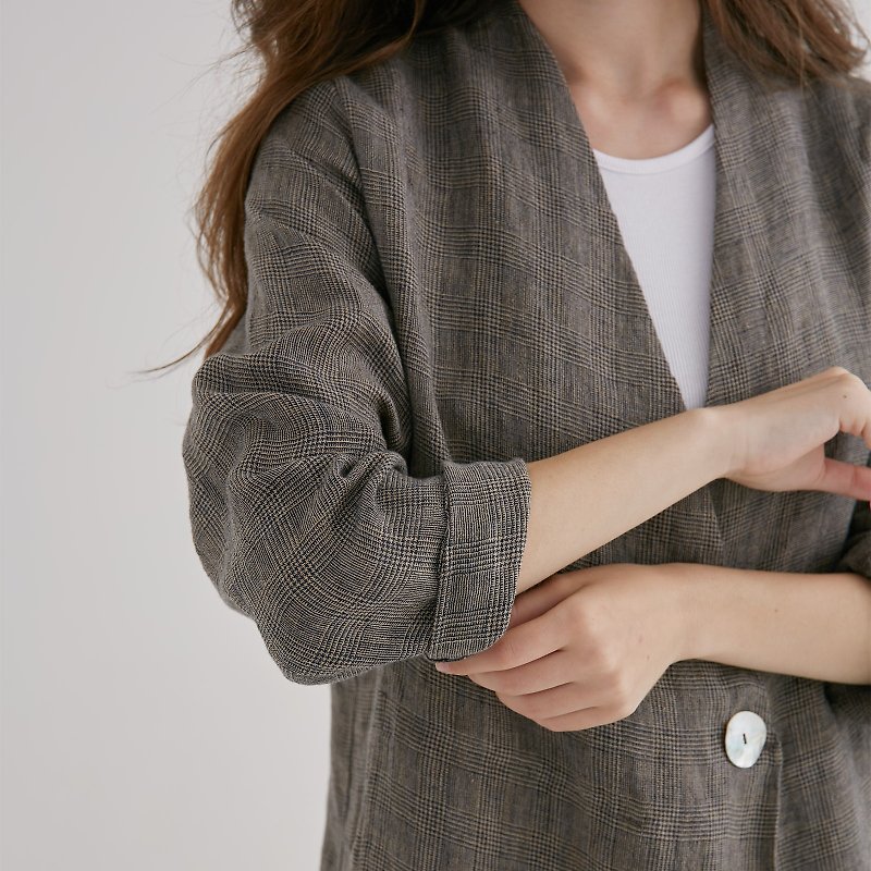 Collarless single-button jacket - plaid - เสื้อแจ็คเก็ต - ผ้าฝ้าย/ผ้าลินิน สีดำ