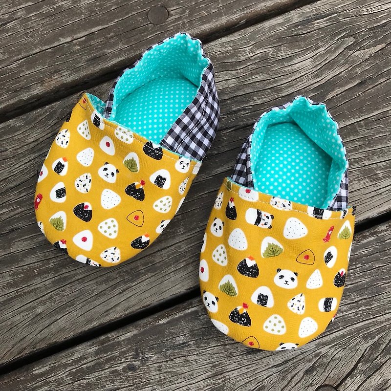 Panda and rice ball mustard yellow toddler shoes - รองเท้าเด็ก - ผ้าฝ้าย/ผ้าลินิน สีเหลือง