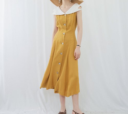 三良洋貨 法式風情 純亞麻沙漏型高腰復古洋裝