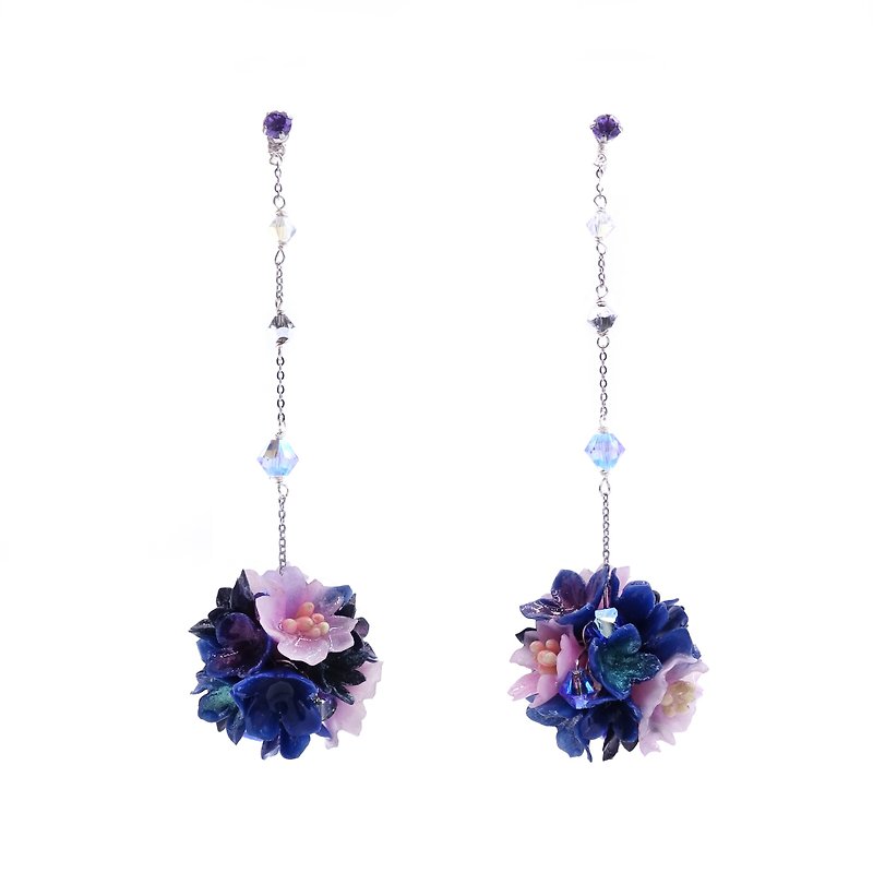 Pamycarie Night-Sakura Bouquet Earrings - ต่างหู - ดินเหนียว สีน้ำเงิน