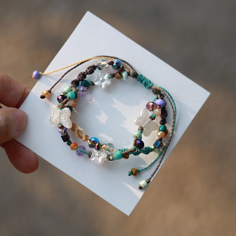Mint Purple white butterfly woven waxed cord double layered bracelet - Bracelets - Thread Multicolor