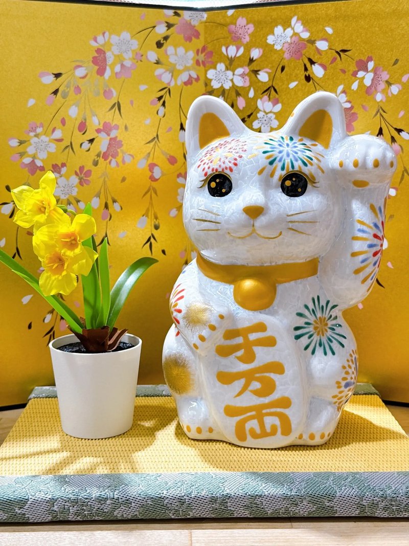 【炫華聚福】日本清水燒招財貓 | 色繪 - 花火 特大 - 擺飾/家飾品 - 瓷 白色